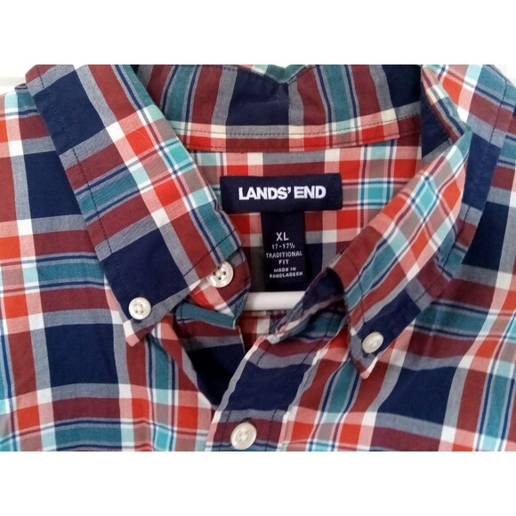 Lands' End Men's XL Button-Front Traditional Fit Red White Blue Plaid Shirt EUC - Picture 2 of 6